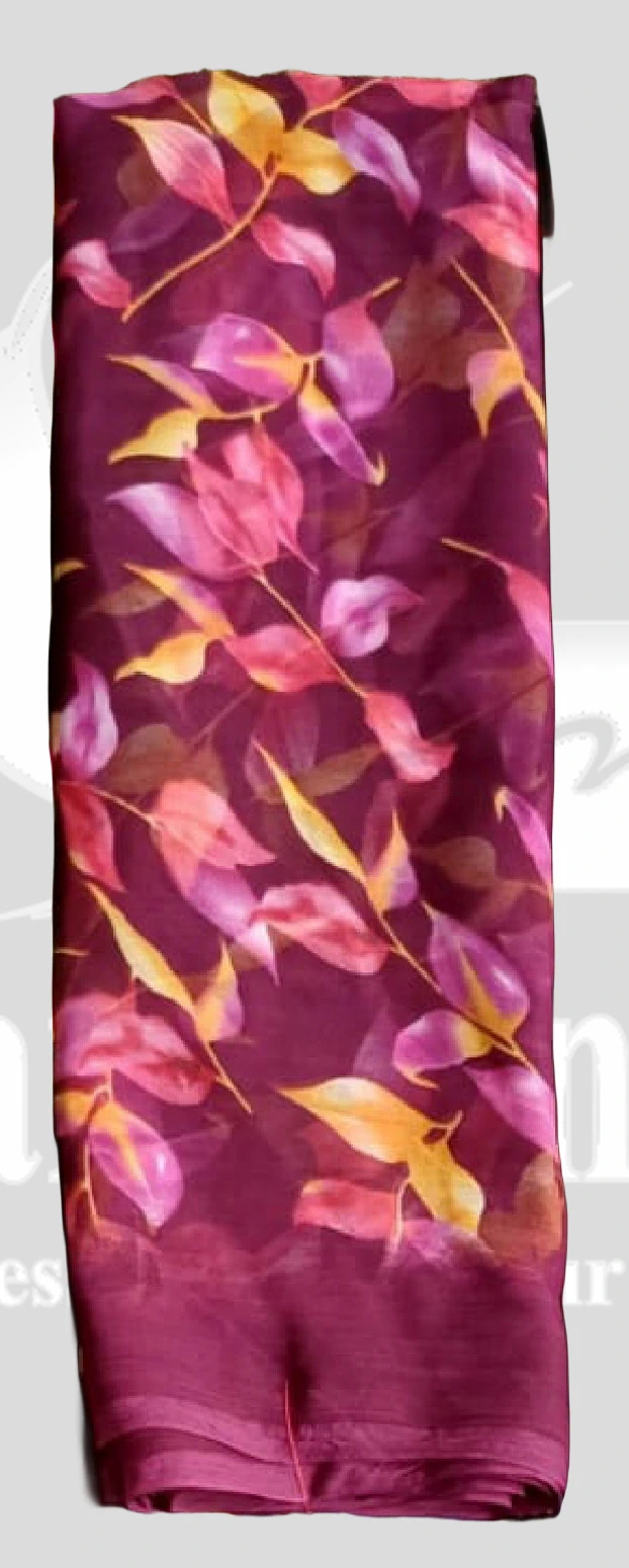 Chiffon Printed Leaf Design Saree &ndash; SANGNI1203 &ndash; Wine Purple Mix